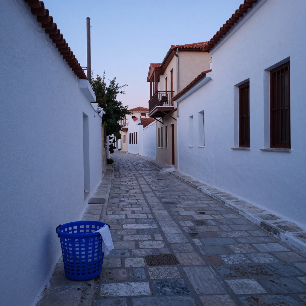 Early Morning Athens Street Scene with Laundry Basket and Linen Fringe Detail in in Athens, Greece
