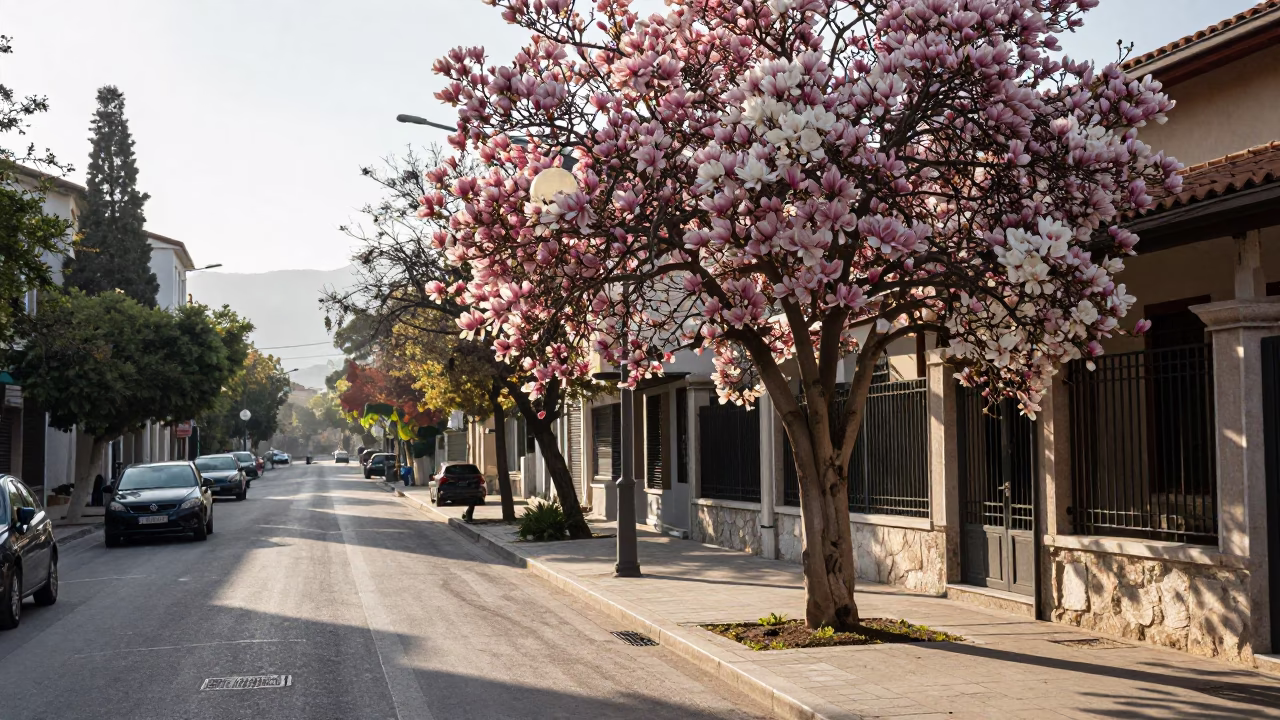 Early Morning Athens Street Scene with Magnolia Tree and Water Bottle in in Athens, Greece