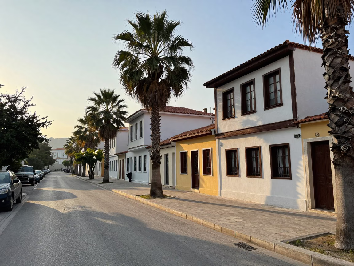 Early Morning Athens Street Scene with Palm Trees and Colorful Shutters in in Athens, Greece