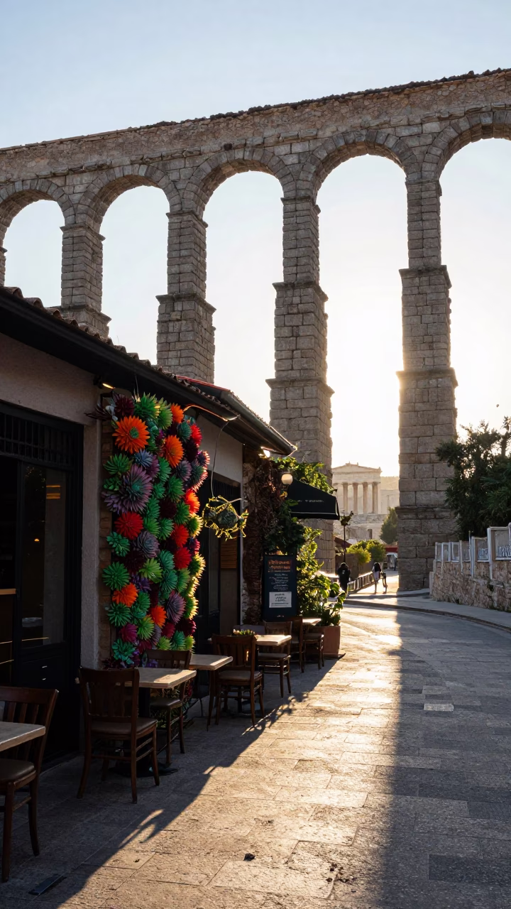 Early Morning Athens Street Scene with Roman Aqueduct and Succulent Cafe Wall in in Athens, Greece