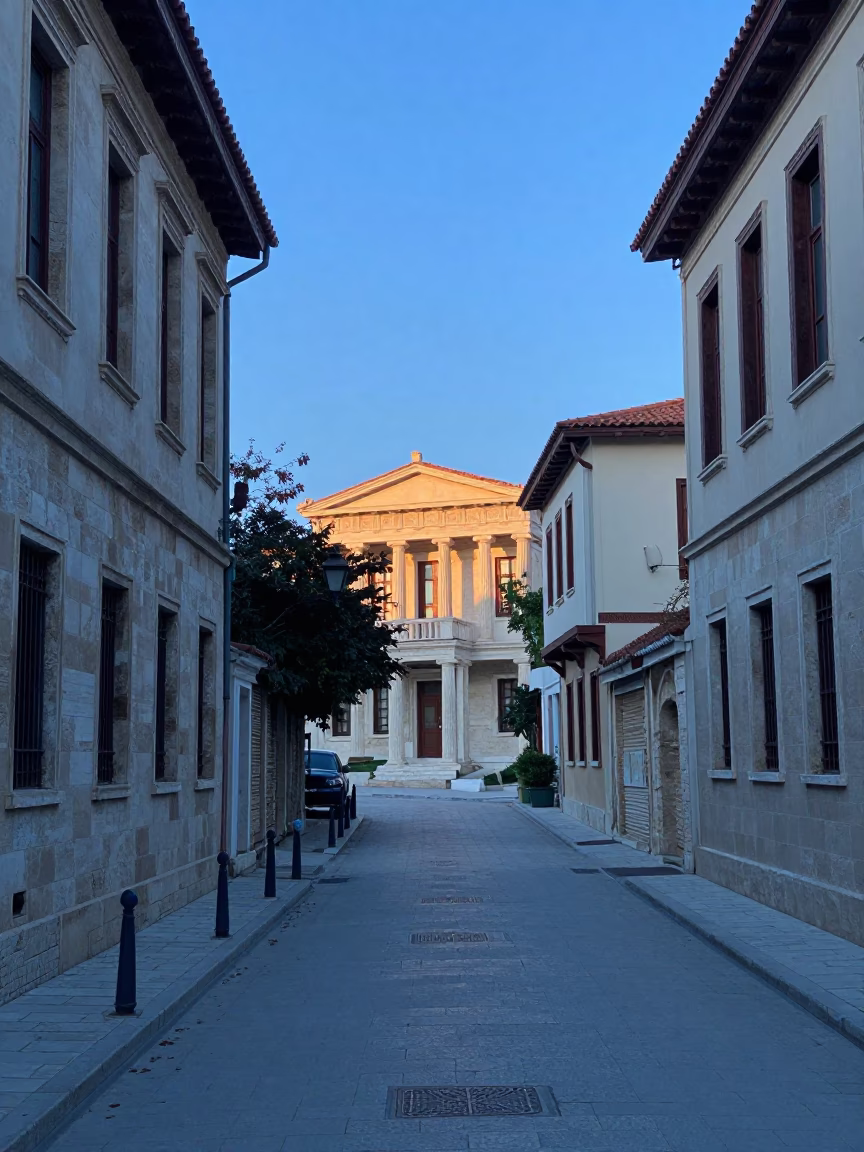 Early Morning Athens Street Scene with Stone Buildings and Morning Light in in Athens, Greece