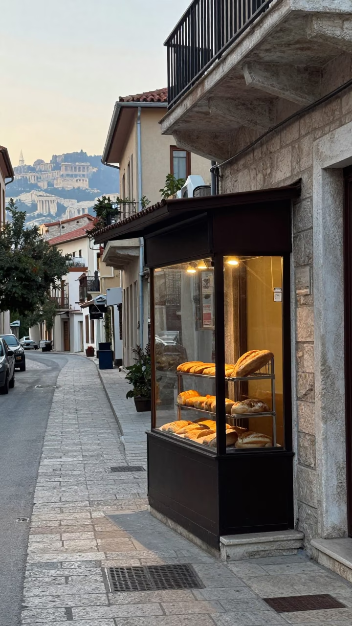 Early Morning Athens Street Scene with Stone Facades and Local Commerce in in Athens, Greece