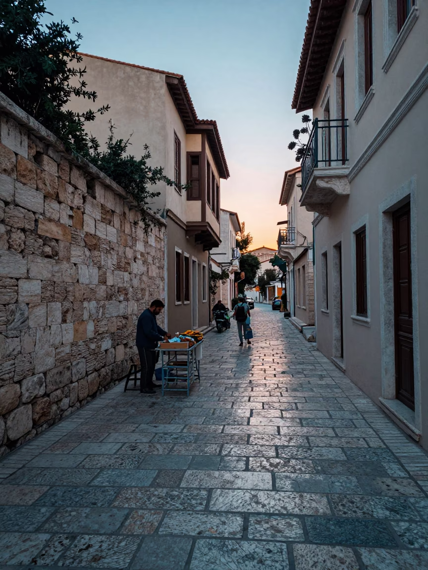 Early Morning Athens Street Scene with Stone Pavement and Morning Light in in Athens, Greece