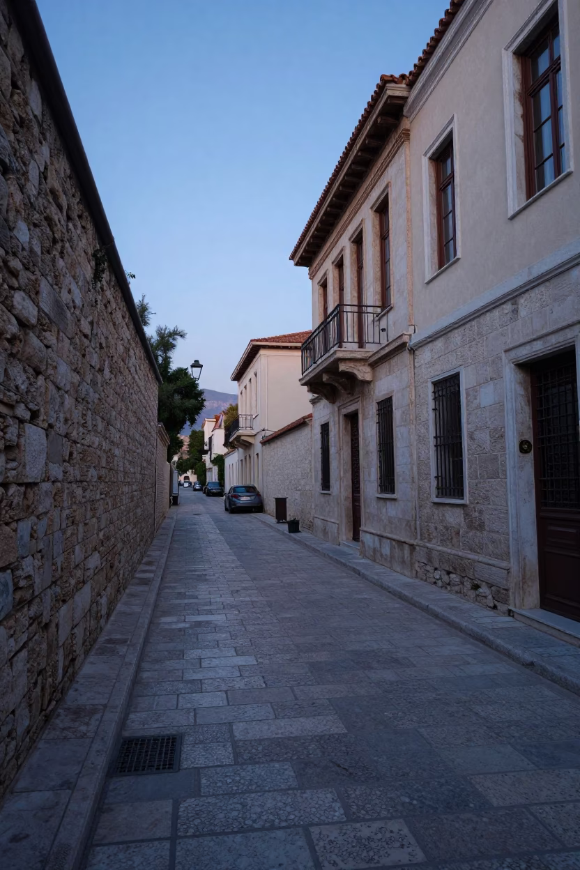 Early Morning Athens Street Scene with Stone Walls and Quiet Dawn Light in in Athens, Greece