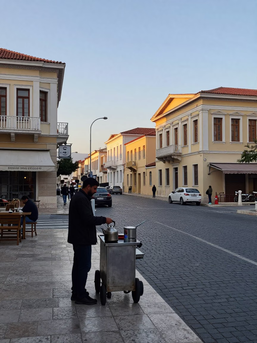 Early Morning Athens Street Scene with Stovetop Kettle and Nectarines at Dawn in in Athens, Greece