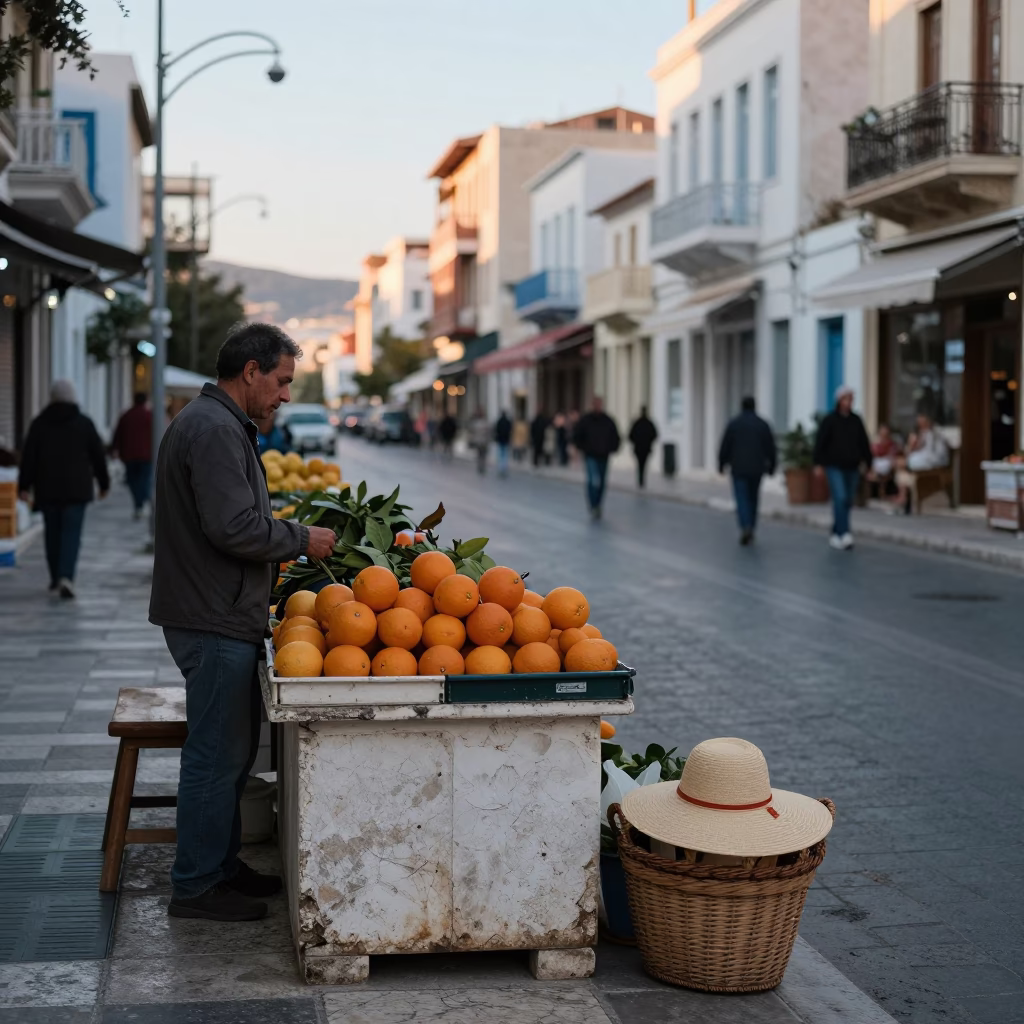 Early Morning Athens Street Scene with Sun Hat and Fruit Bowl in in Athens, Greece