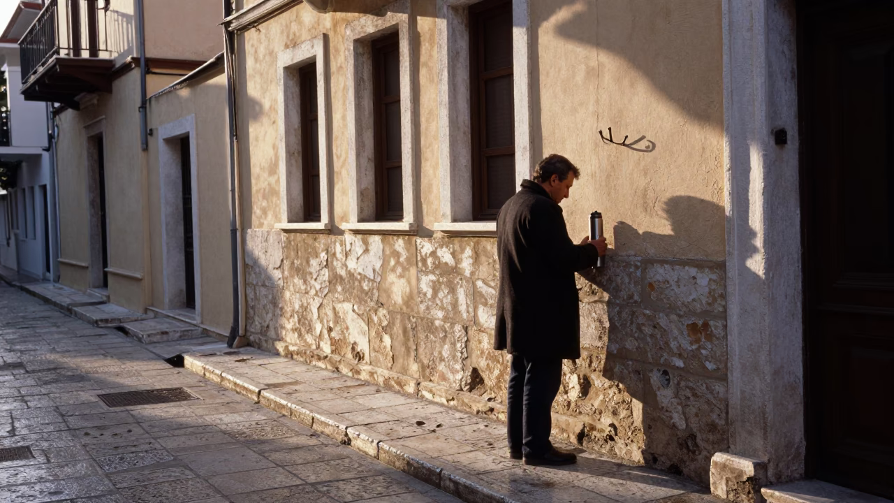 Early Morning Athens Street Scene with Thermos and Coat Hook Near Acropolis in in Athens, Greece