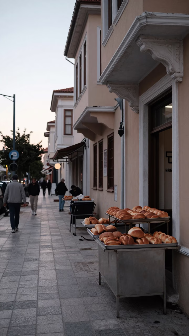 Early Morning Athens Street Scene with Traditional Bakery and Local Commuters in in Athens, Greece