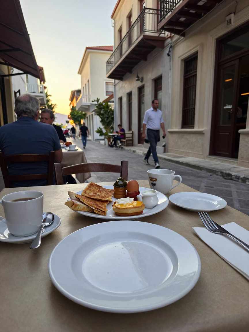 Early Morning Athens Street Scene with Traditional Greek Breakfast and Local Commuters in in Athens, Greece