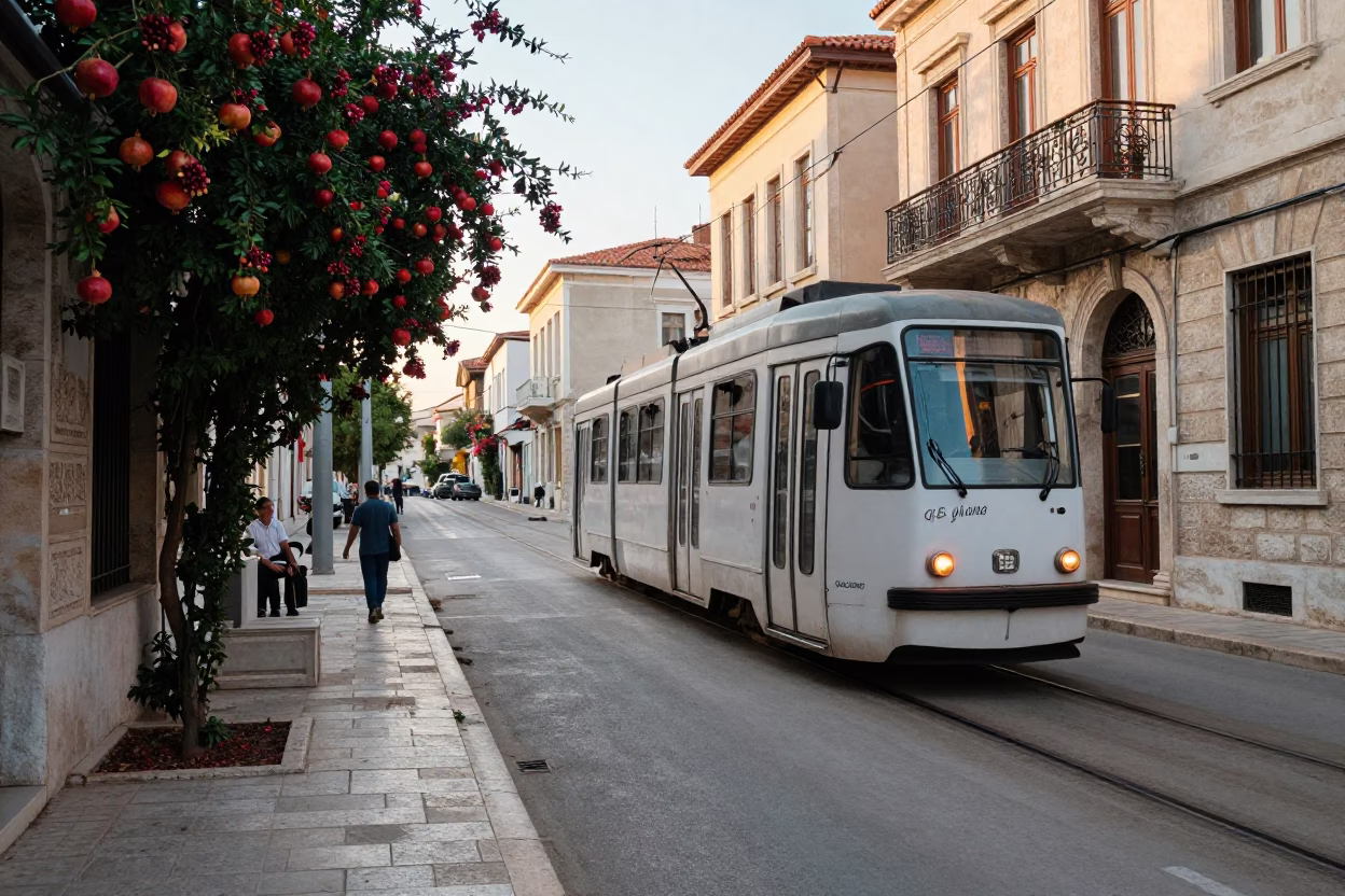 Early Morning Athens Street Scene with Tram and Pomegranate Stall in in Athens, Greece