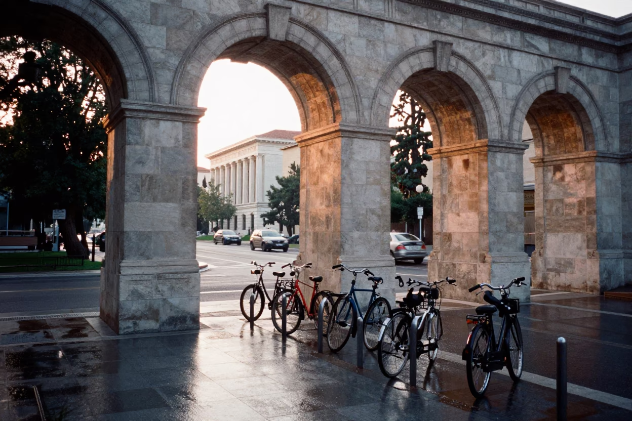 Early Morning Athens Street Scene with University Archway and Wet Bicycle Rack in in Athens, Greece