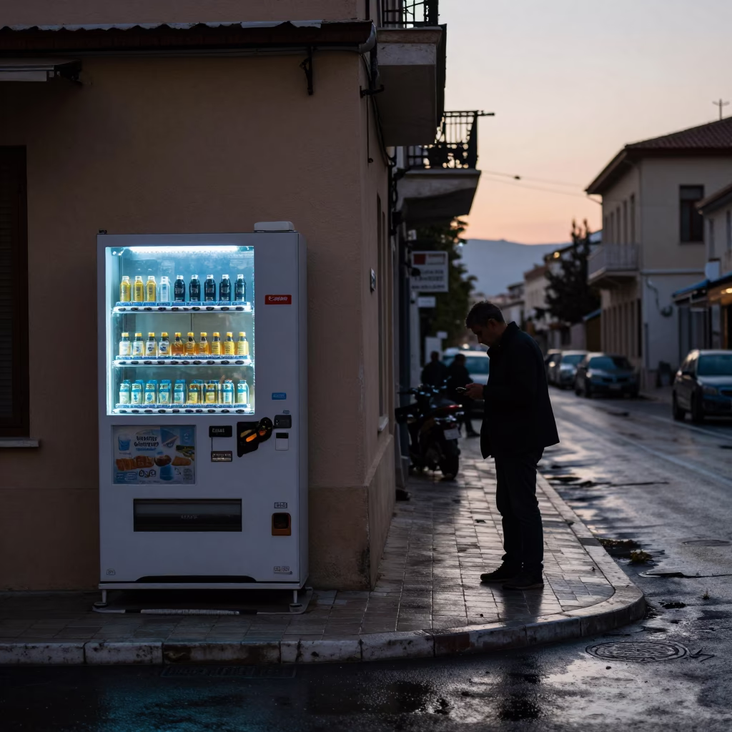 Early Morning Athens Street Scene with Vending Machine and Concrete Architecture in in Athens, Greece