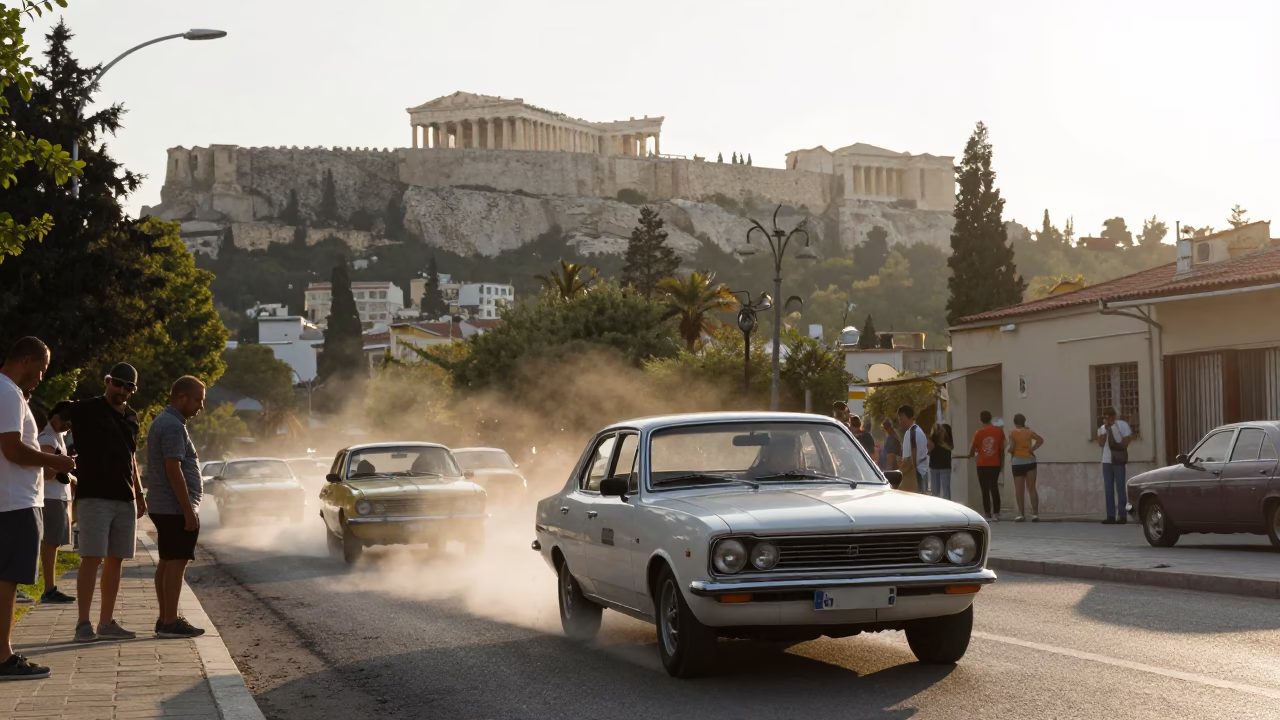 Early Morning Athens Street Scene with Vintage Car Rally and Local Market Activity in in Athens, Greece