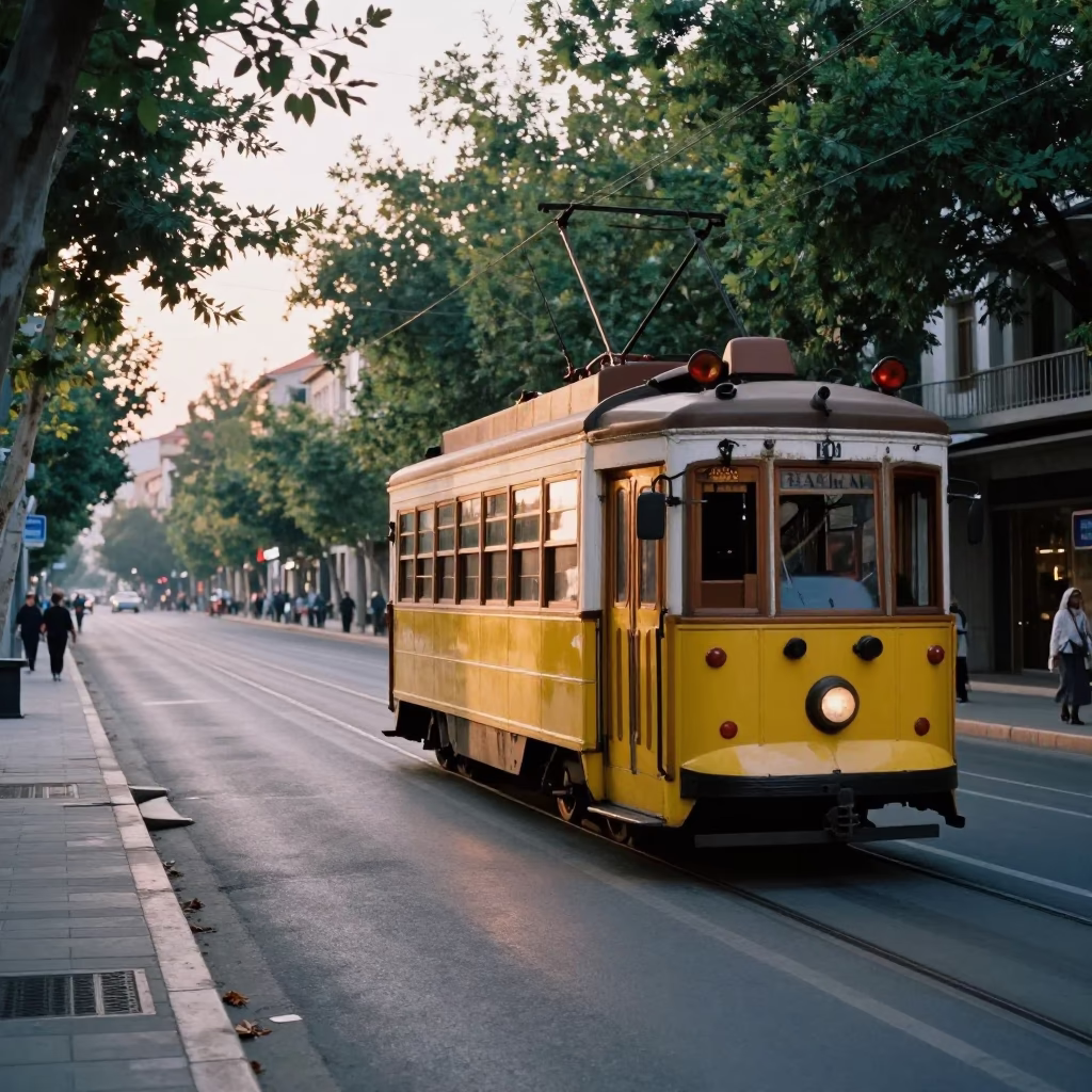 Early Morning Athens Street Scene with Vintage Tram and Urban Life in in Athens, Greece
