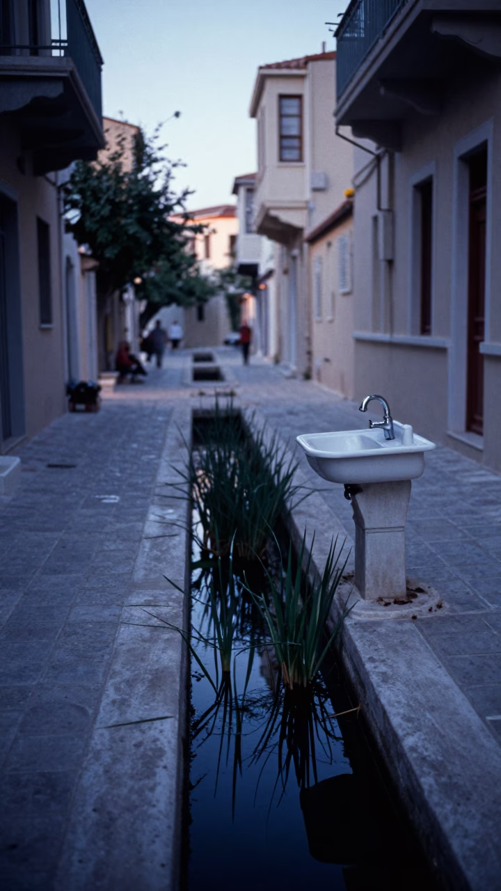Early Morning Athens Street Scene with Wash Basin and Reeds at Dawn in in Athens, Greece