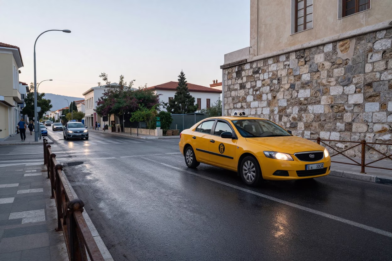 Early Morning Athens Street Scene with Yellow Taxi and Rusty Railings in in Athens, Greece