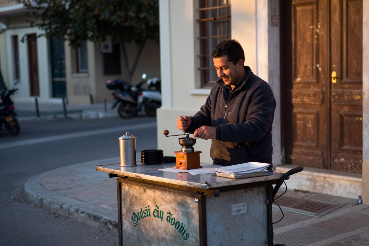 Early Morning Athens Street Vendor with Coffee Grinder and Ceramic Cup Before Dawn in in Athens, Greece