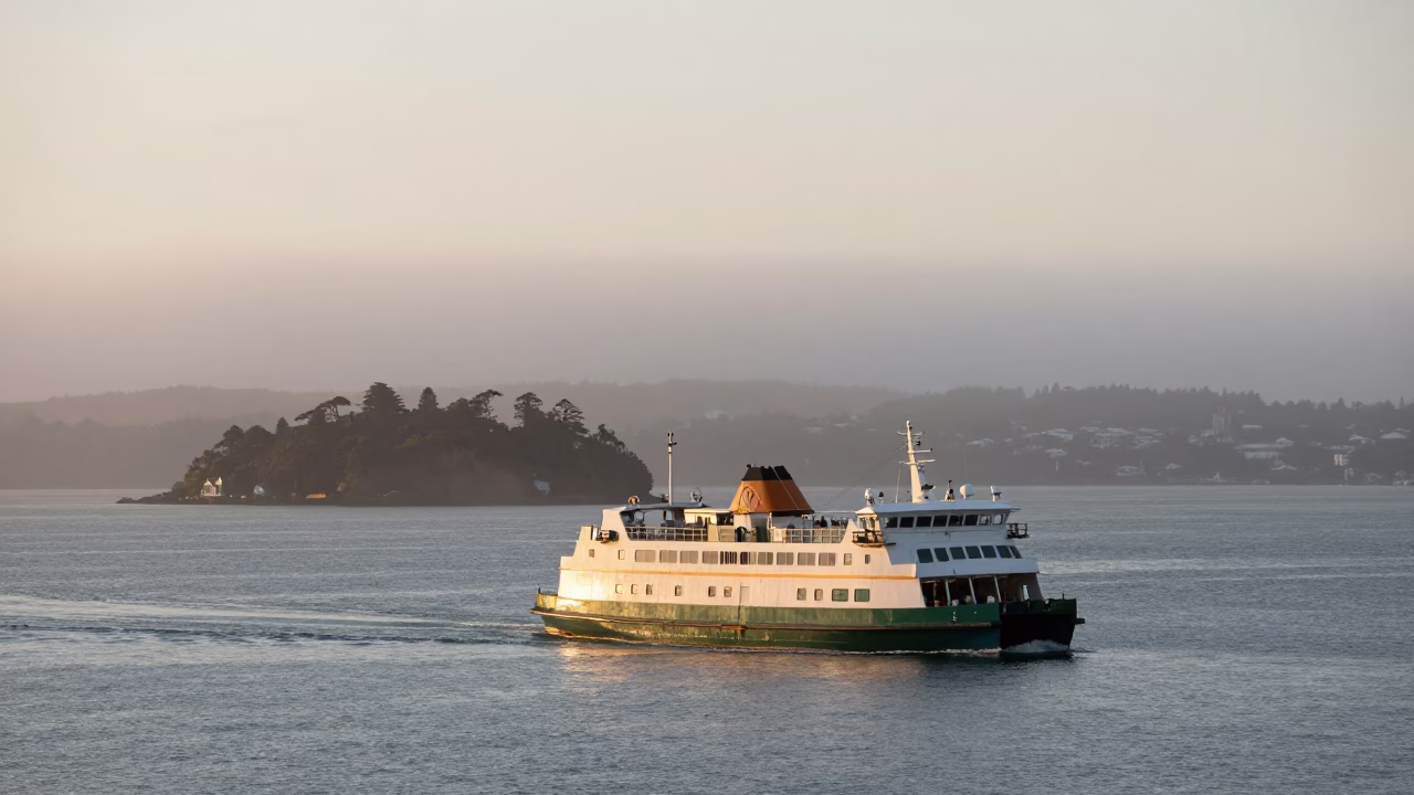Early Morning Auckland Ferry Approach Misty Harbor Realistic 1980s Photograph in in Auckland, New Zealand