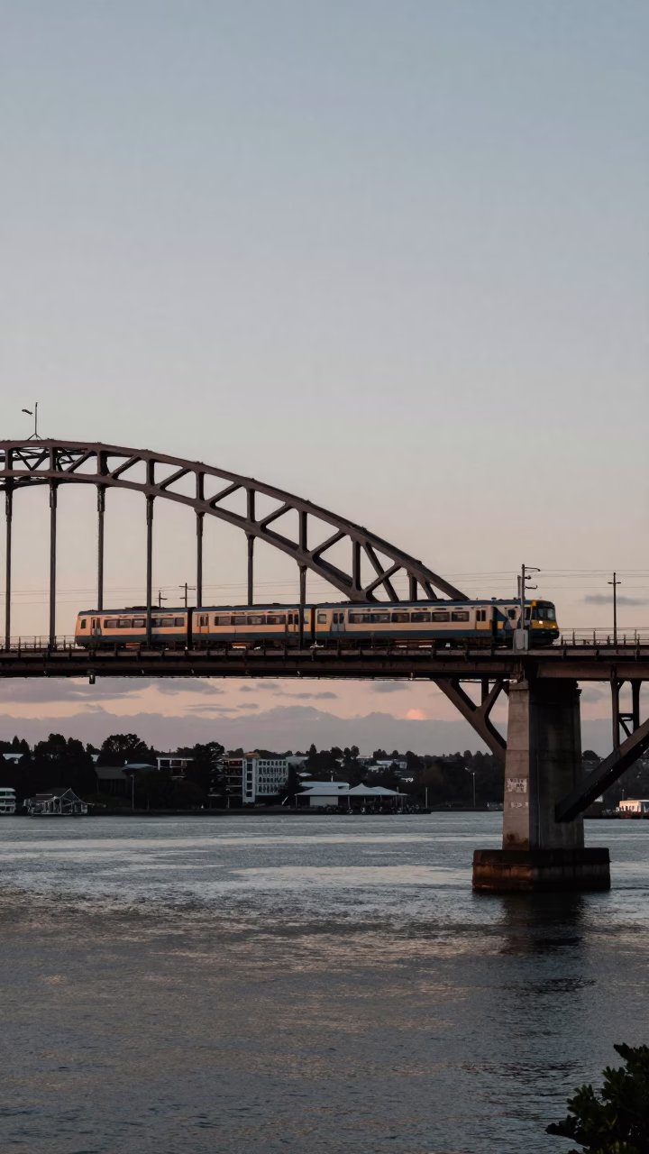 Early Morning Auckland Ferry Terminal Commuter Train Bridge Crossing in in Auckland, New Zealand