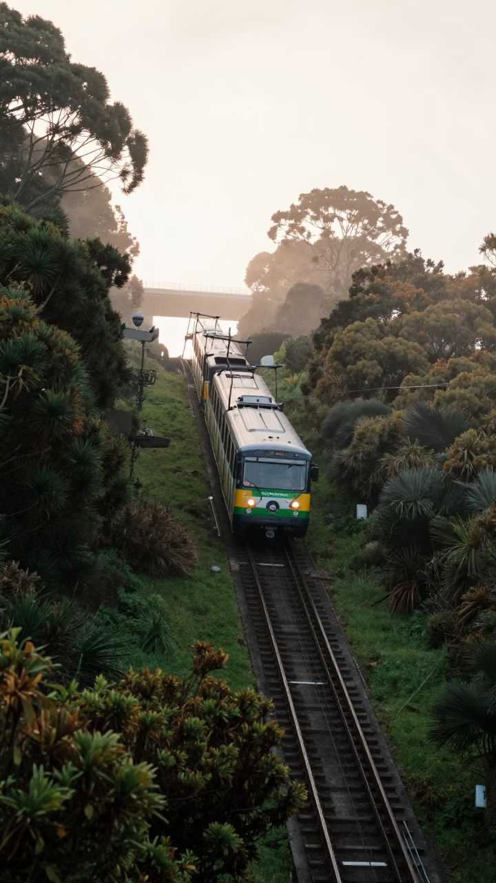 Early Morning Auckland Funicular Railway Climbing Steep Hill Through Industrial Fog in in Auckland, New Zealand