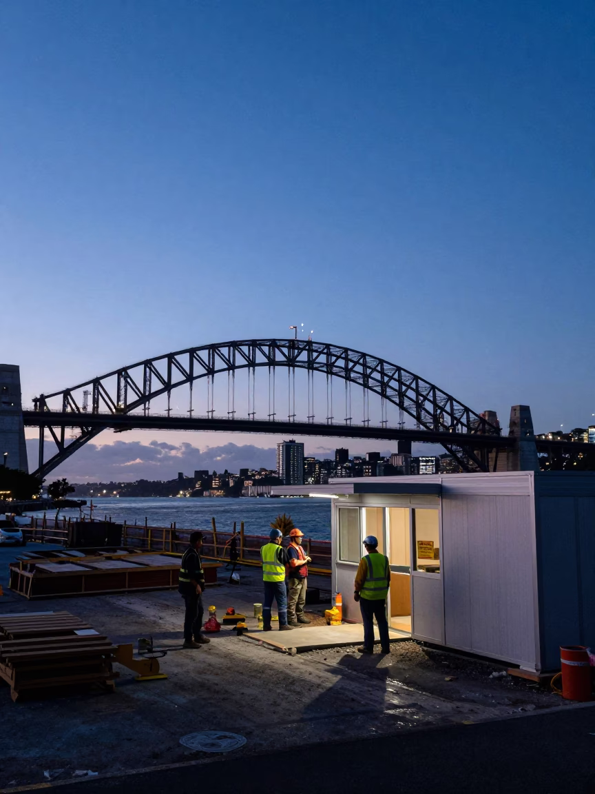 Early Morning Auckland Harbor Bridge Construction Site with Workers and Traffic in in Auckland, New Zealand