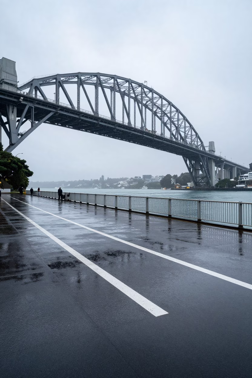 Early Morning Auckland Harbor Drizzle and Steel Bridge Deck Markings Realistic Photograph in in Auckland, New Zealand