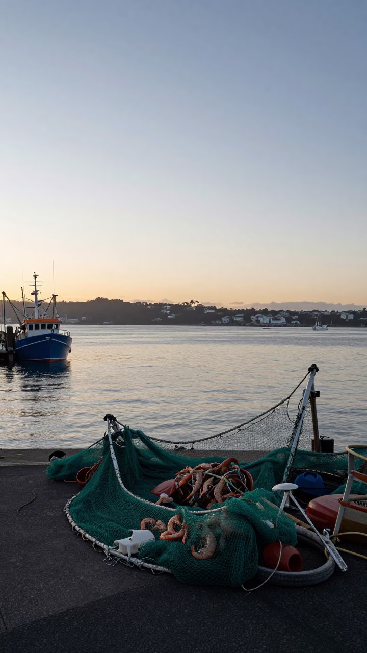 Early Morning Auckland Harbor Scene with Shrimp Trawler Nets Deployed Before Sunrise in in Auckland, New Zealand
