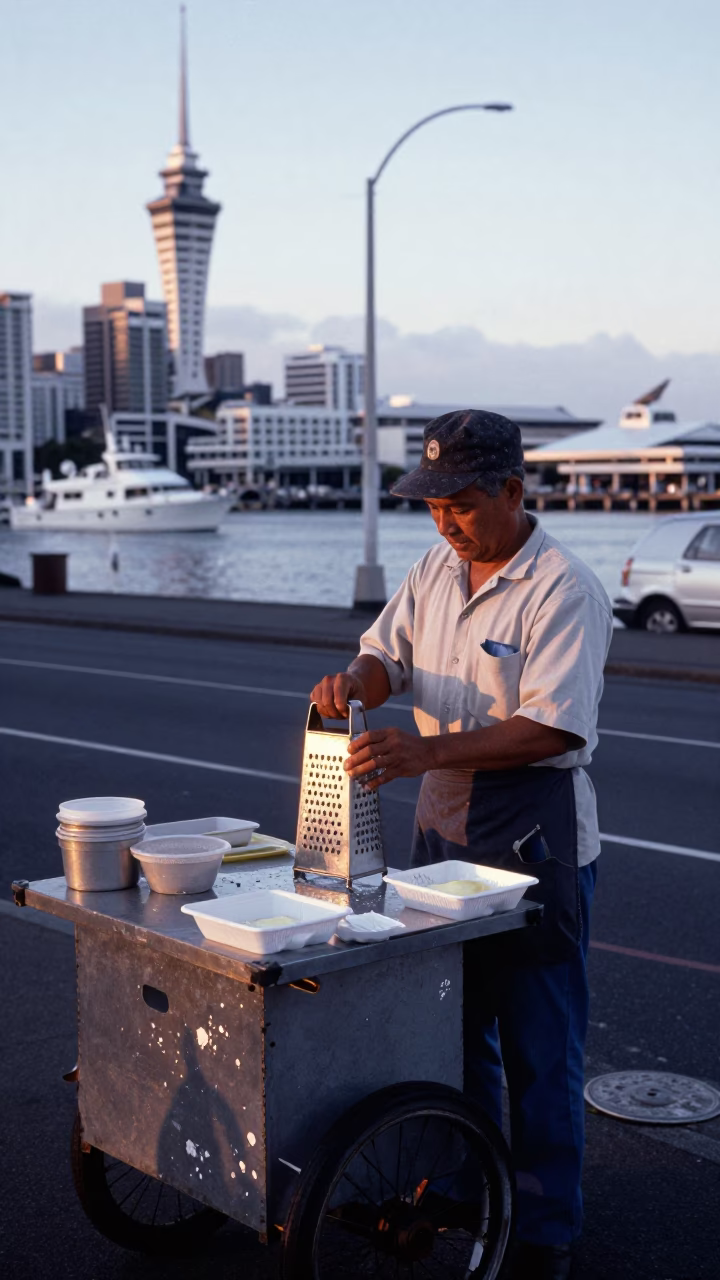 Early Morning Auckland Harbor Street Scene with Paint Flecks and Grater in in Auckland, New Zealand