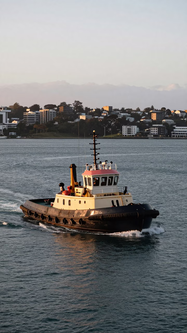 Early Morning Auckland Harbor Tugboat Navigating Busy Waterway Near Sky Tower in in Auckland, New Zealand