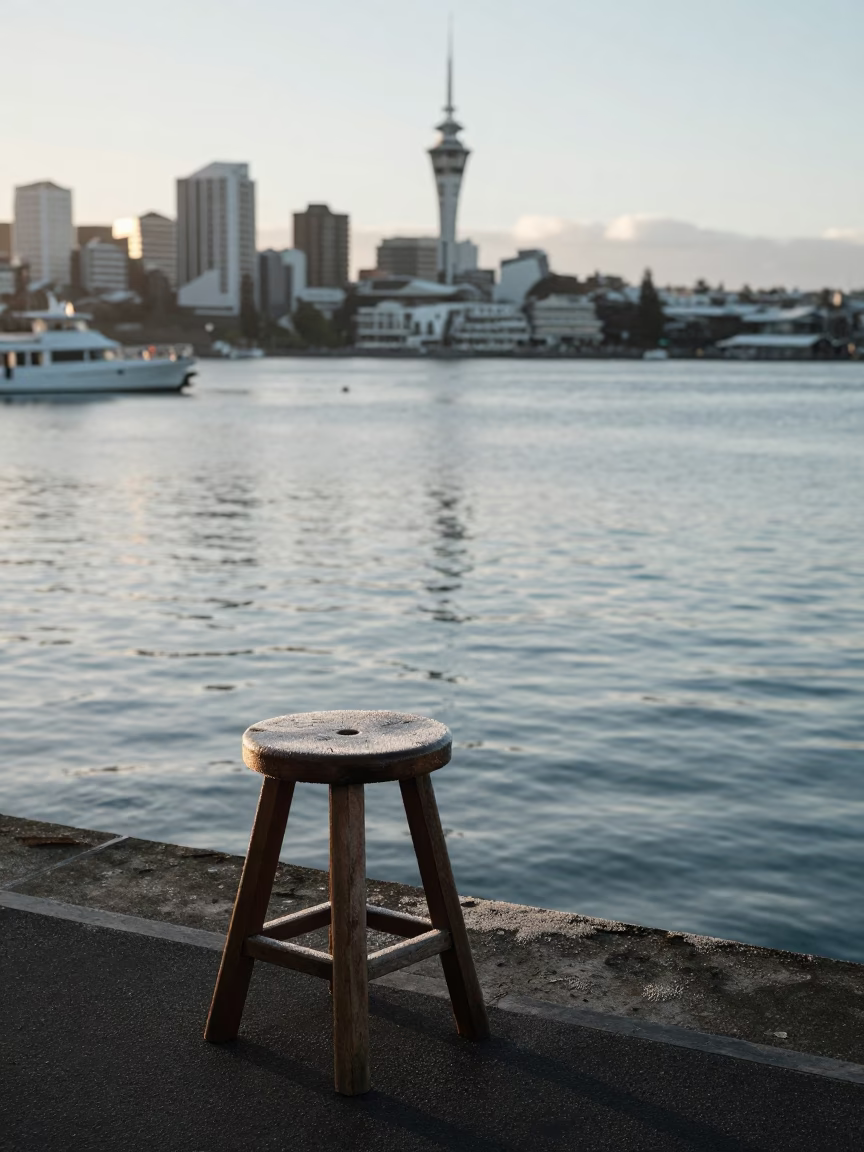 Early Morning Auckland Harbor View with Condensation on Stool Leg and Cup in in Auckland, New Zealand