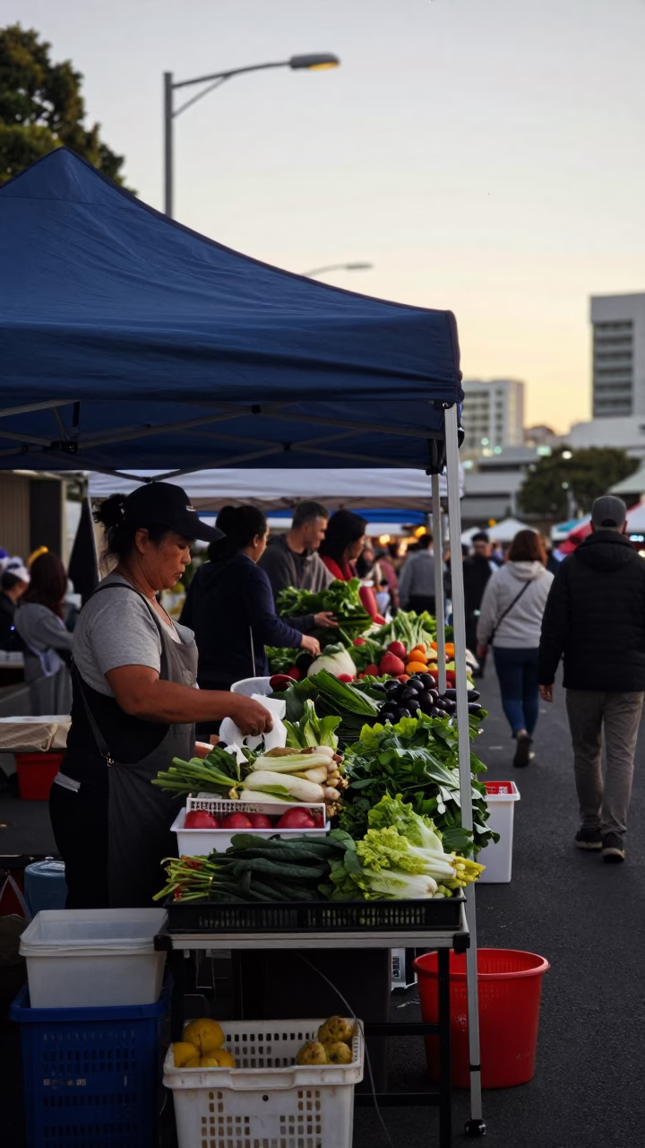 Early Morning Auckland Market Scene with Vendor and Fresh Produce in in Auckland, New Zealand