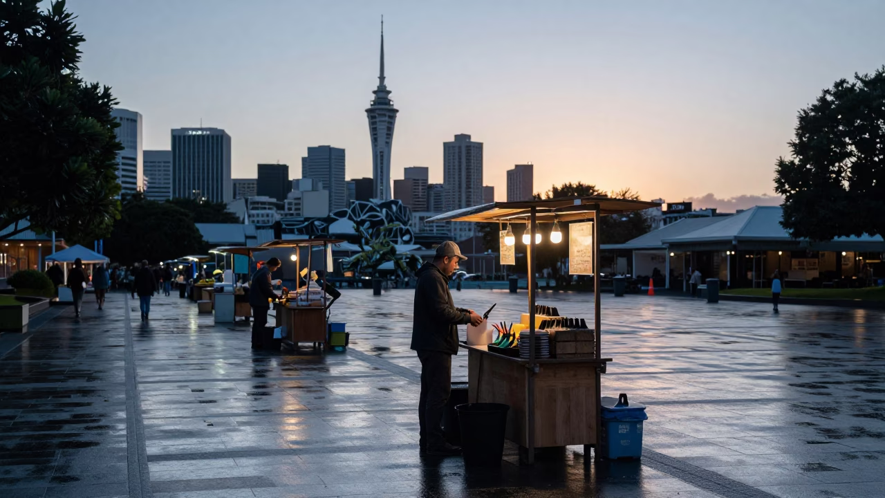 Early Morning Auckland Market Stall Preparation with Pruning Shears and Brooms Before Sunrise in in Auckland, New Zealand