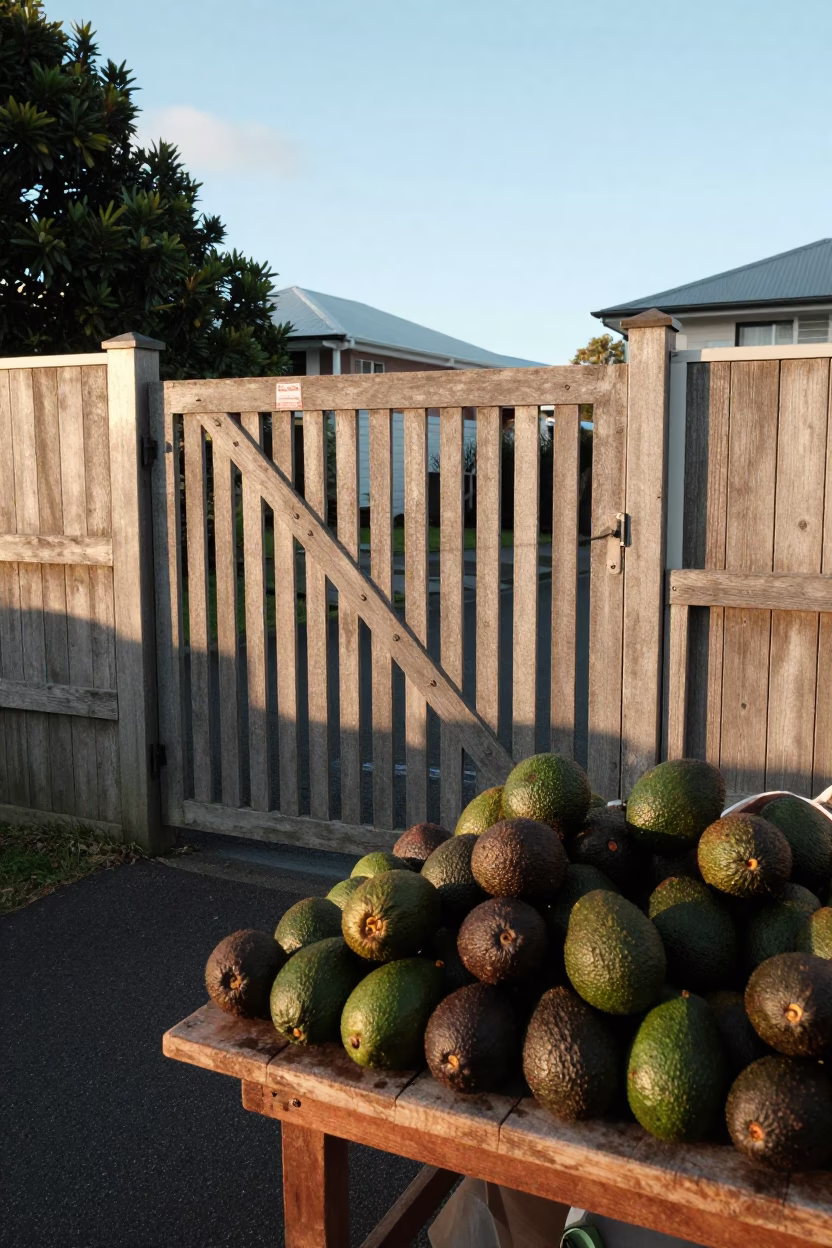 Early Morning Auckland Market Stall with Fresh Avocados and Wooden Gate in in Auckland, New Zealand