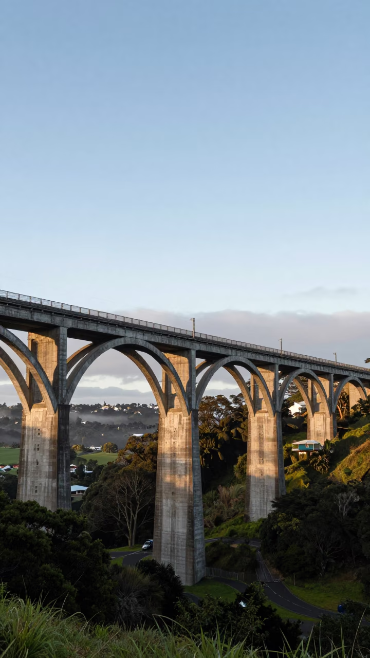 Early Morning Auckland New Zealand Railway Viaduct Arches Spanning Valley with Subtle Urban Life in in Auckland, New Zealand