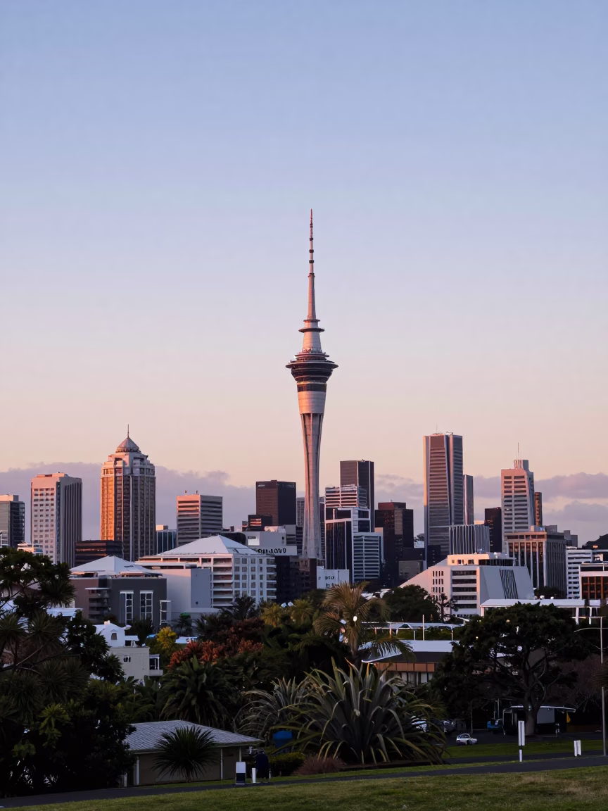 Early Morning Auckland Skyline View from Hilltop Park with Pigeons and Urban Greenery in in Auckland, New Zealand