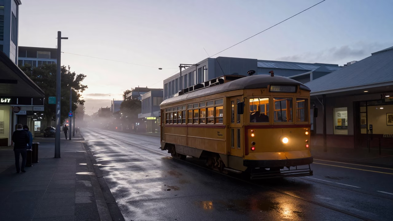 Early Morning Auckland Street Scene Before Sunrise with Vintage Tram and Art Nouveau Facades in in Auckland, New Zealand