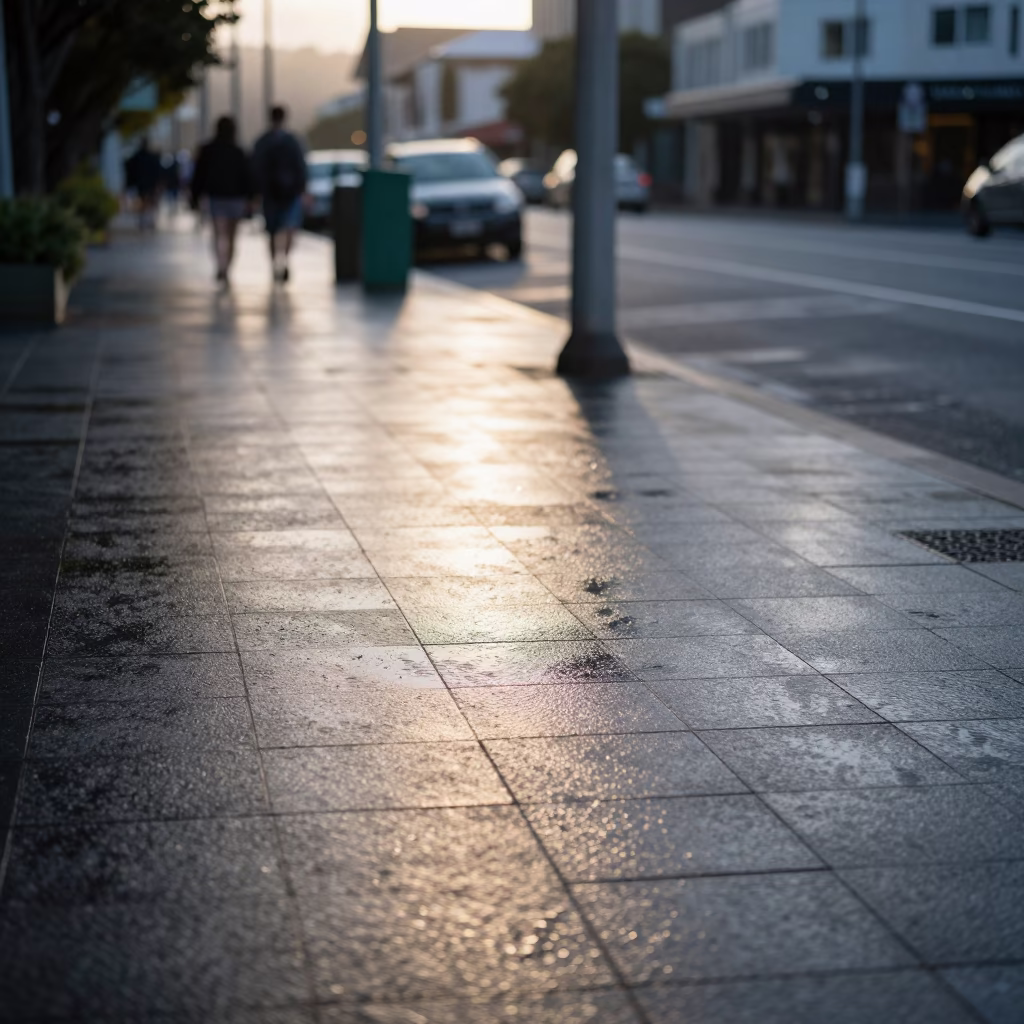 Early morning Auckland street scene with condensation on tile and sun stripe across drain in in Auckland, New Zealand