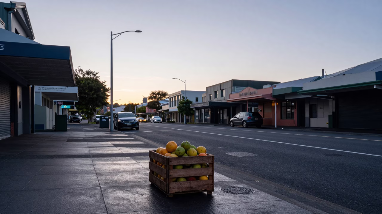 Early Morning Auckland Street Scene with Fruit Crate and Weather Radar in in Auckland, New Zealand