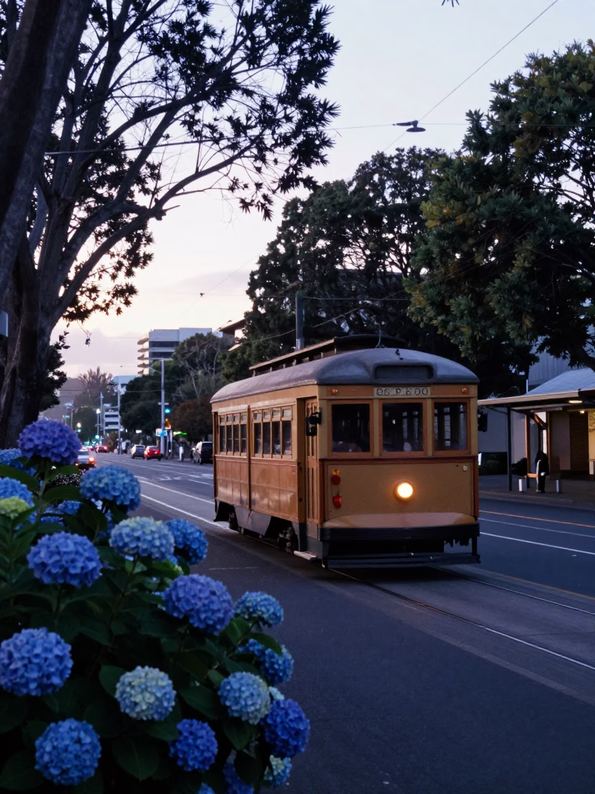 Early Morning Auckland Street Scene with Hydrangea Bush and Tramcar on Tree-Lined Boulevard in in Auckland, New Zealand