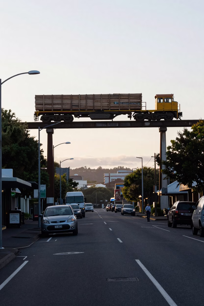 Early Morning Auckland Street Scene with Lumber Freight Train and Steam Haze in in Auckland, New Zealand