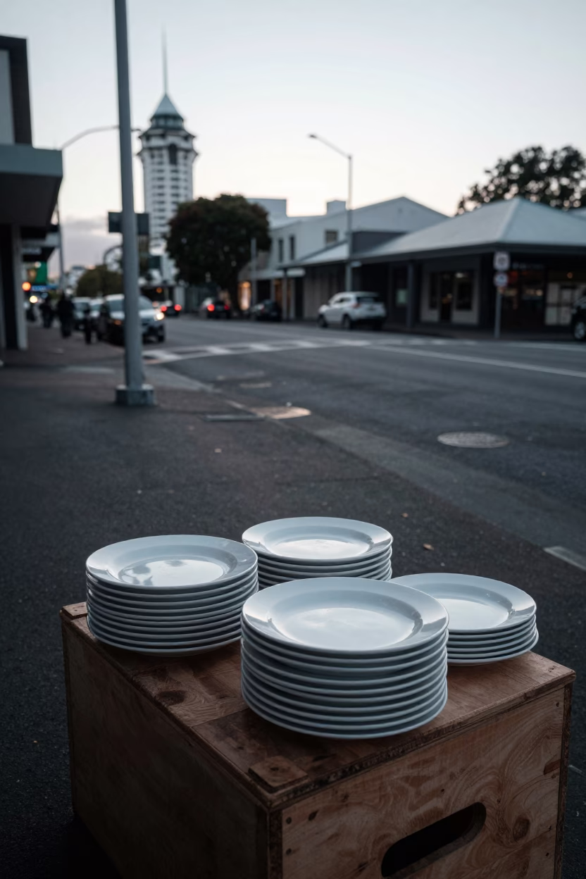 Early Morning Auckland Street Scene with Peg Rail and Stacked Plates in New Zealand in in Auckland, New Zealand