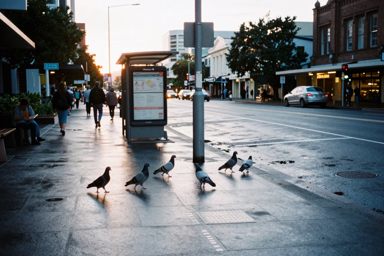 Early Morning Auckland Street Scene with Pigeons and Wet Leaves in in Auckland, New Zealand