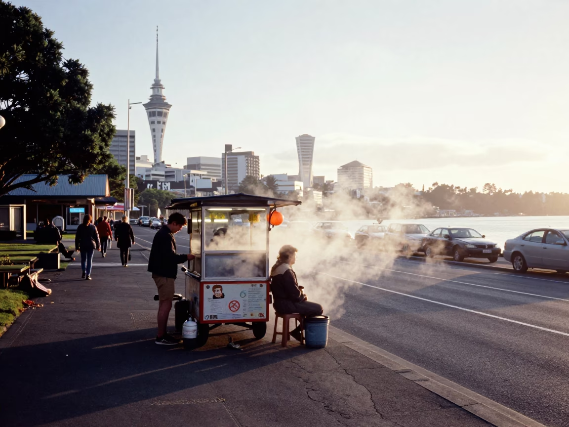 Early Morning Auckland Street Scene with Steam and Local Commerce in in Auckland, New Zealand