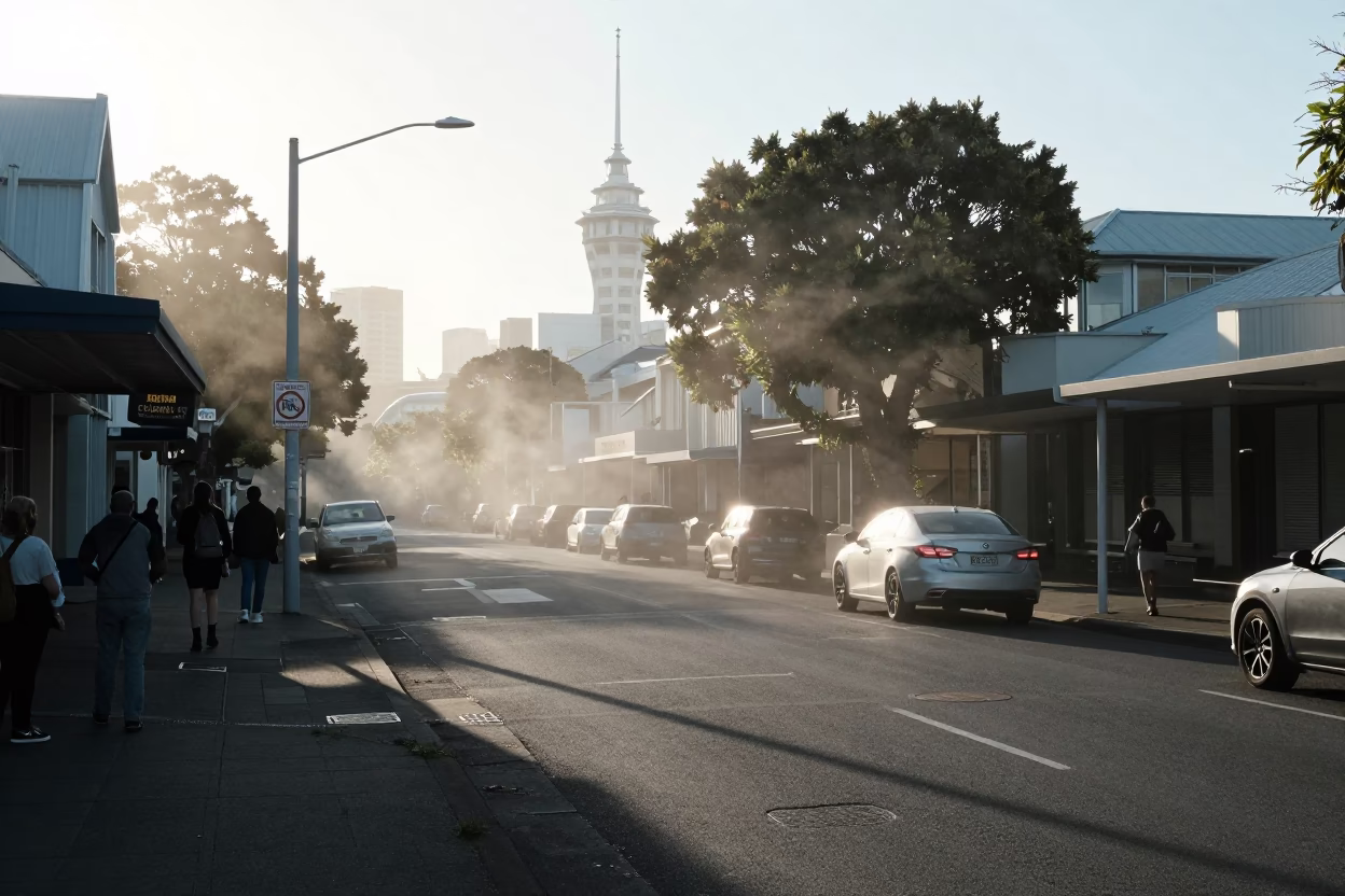 Early Morning Auckland Street Scene with Steam Haze Above Bench Slat in in Auckland, New Zealand