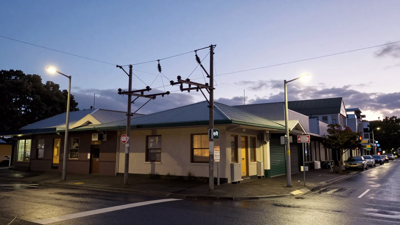 Early Morning Auckland Street Scene with Substation Insulators and Rainy Dawn Light in in Auckland, New Zealand