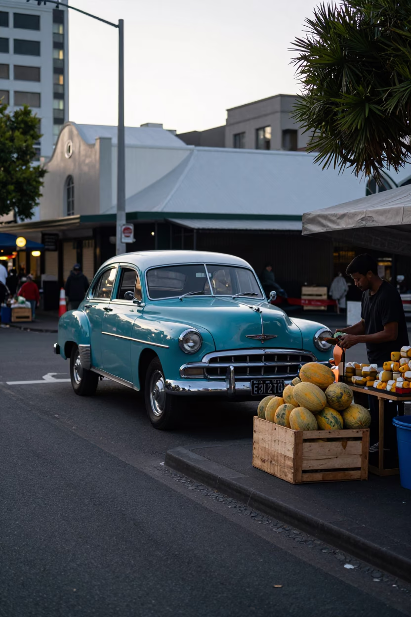 Early Morning Auckland Street Scene with Vintage Car and Local Market Produce in in Auckland, New Zealand