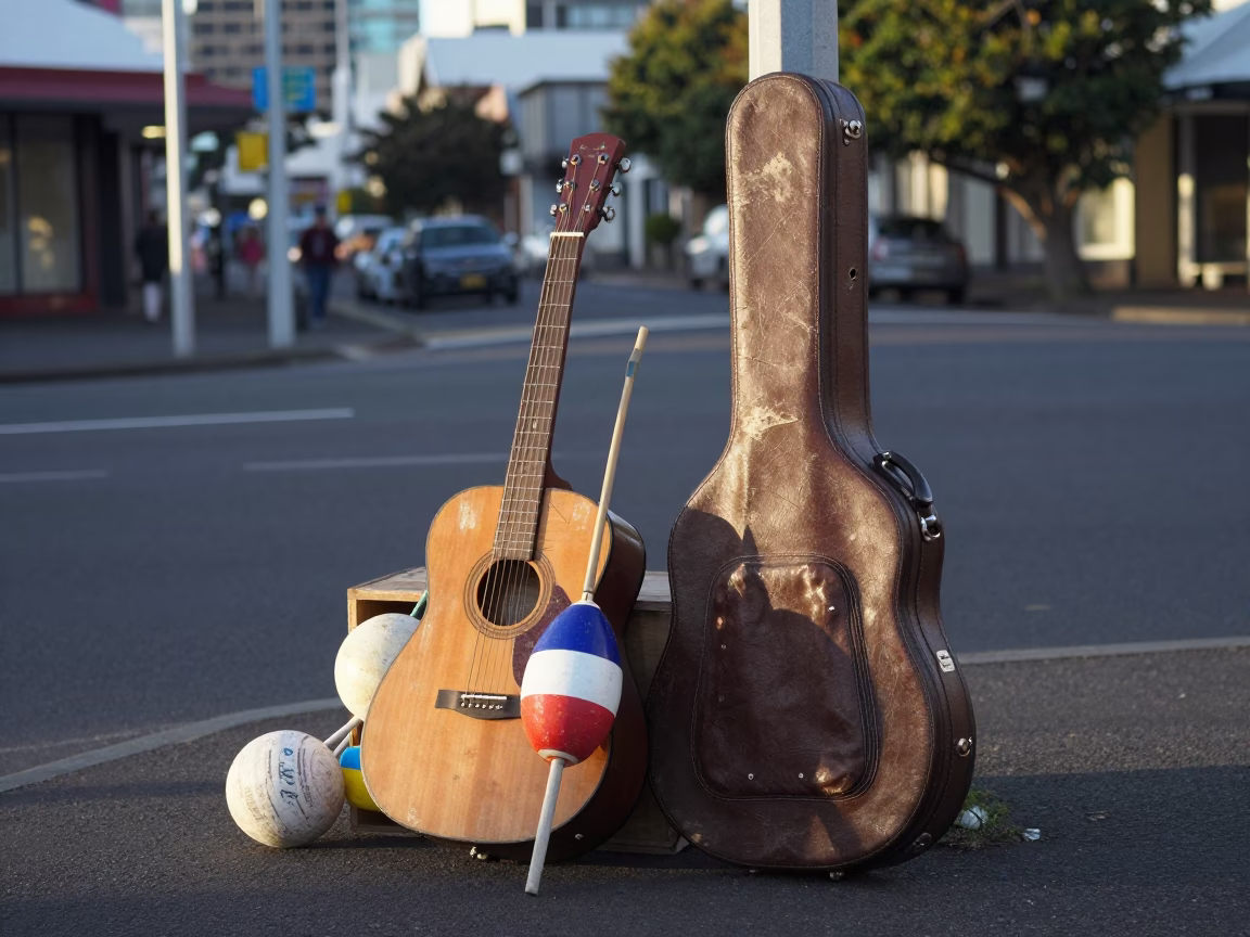 Early Morning Auckland Street Scene with Vintage Guitar Case and Fishing Floats in in Auckland, New Zealand