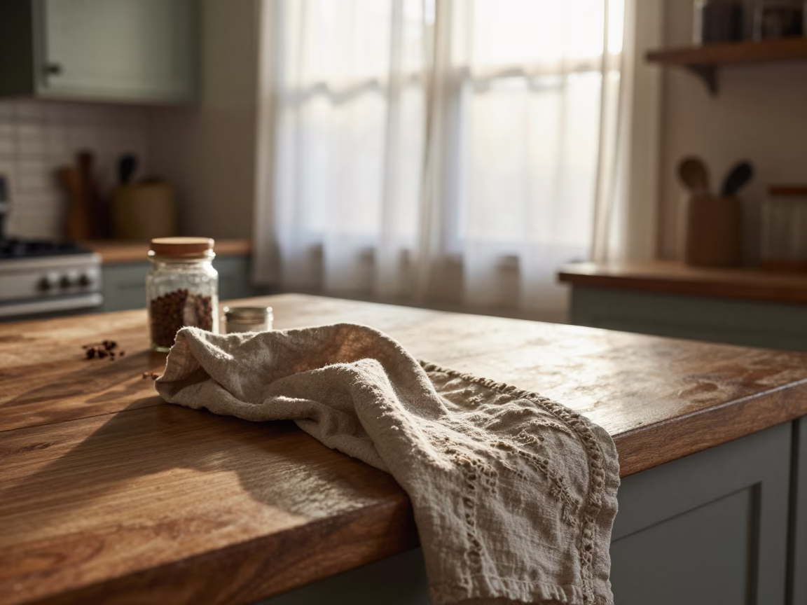 Early Morning Austin Texas Kitchen Scene with Linen and Spice Jar in in Austin, Texas, United States
