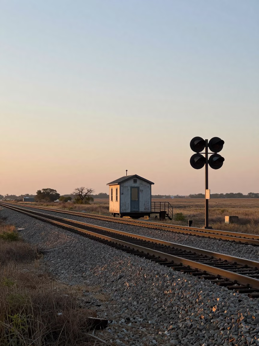 Early Morning Austin Texas Landscape with Railway Signal Cabin and Switch Tracks at Dawn in in Austin, Texas, United States
