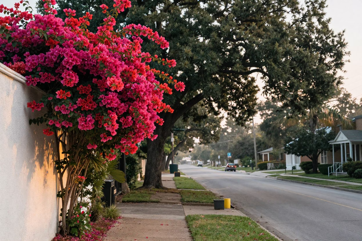 Early Morning Austin Texas Street Scene with Bougainvillea and Vintage Cars in in Austin, Texas, United States